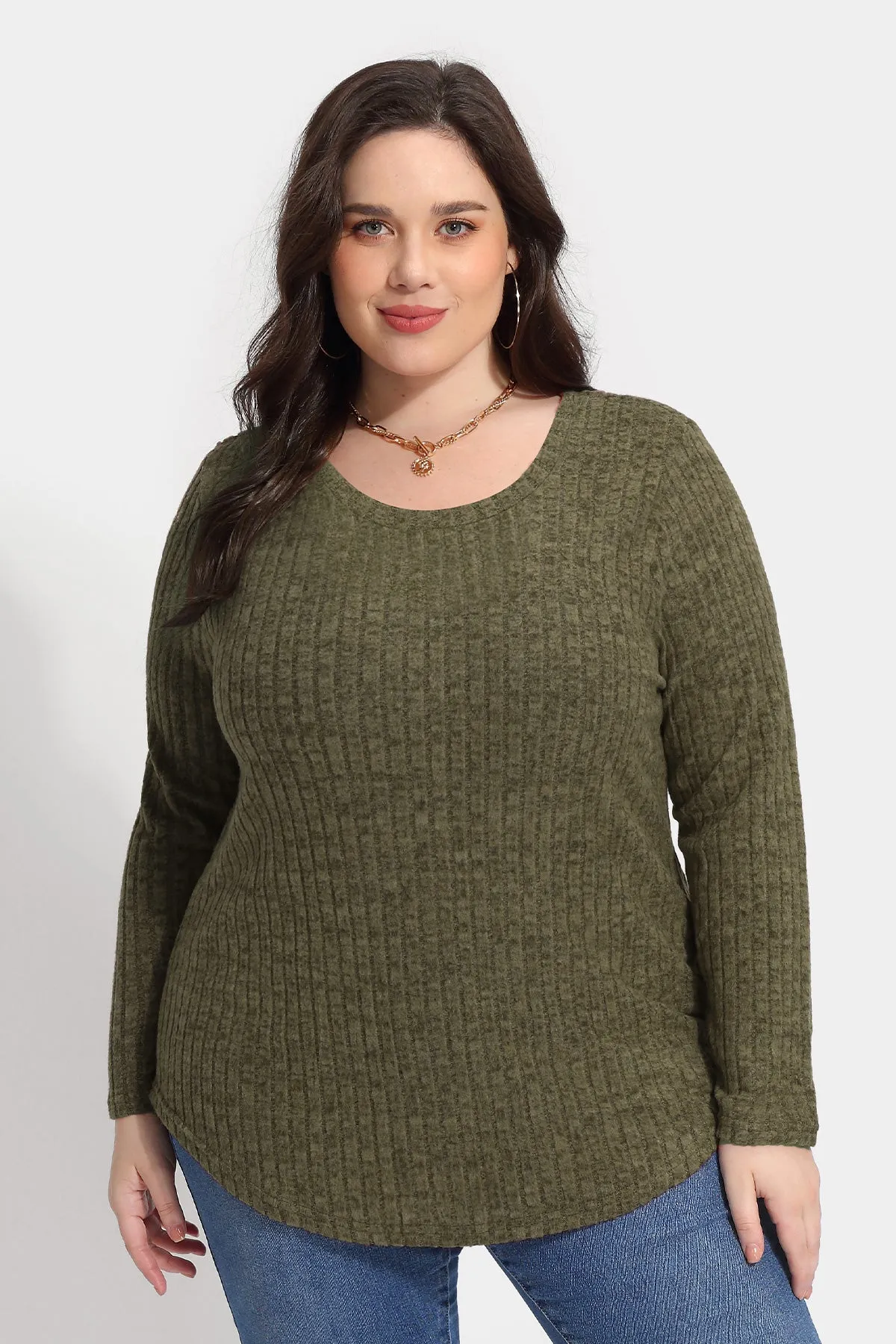 Solid Texture Crewneck Velvet Basic Top Sweater