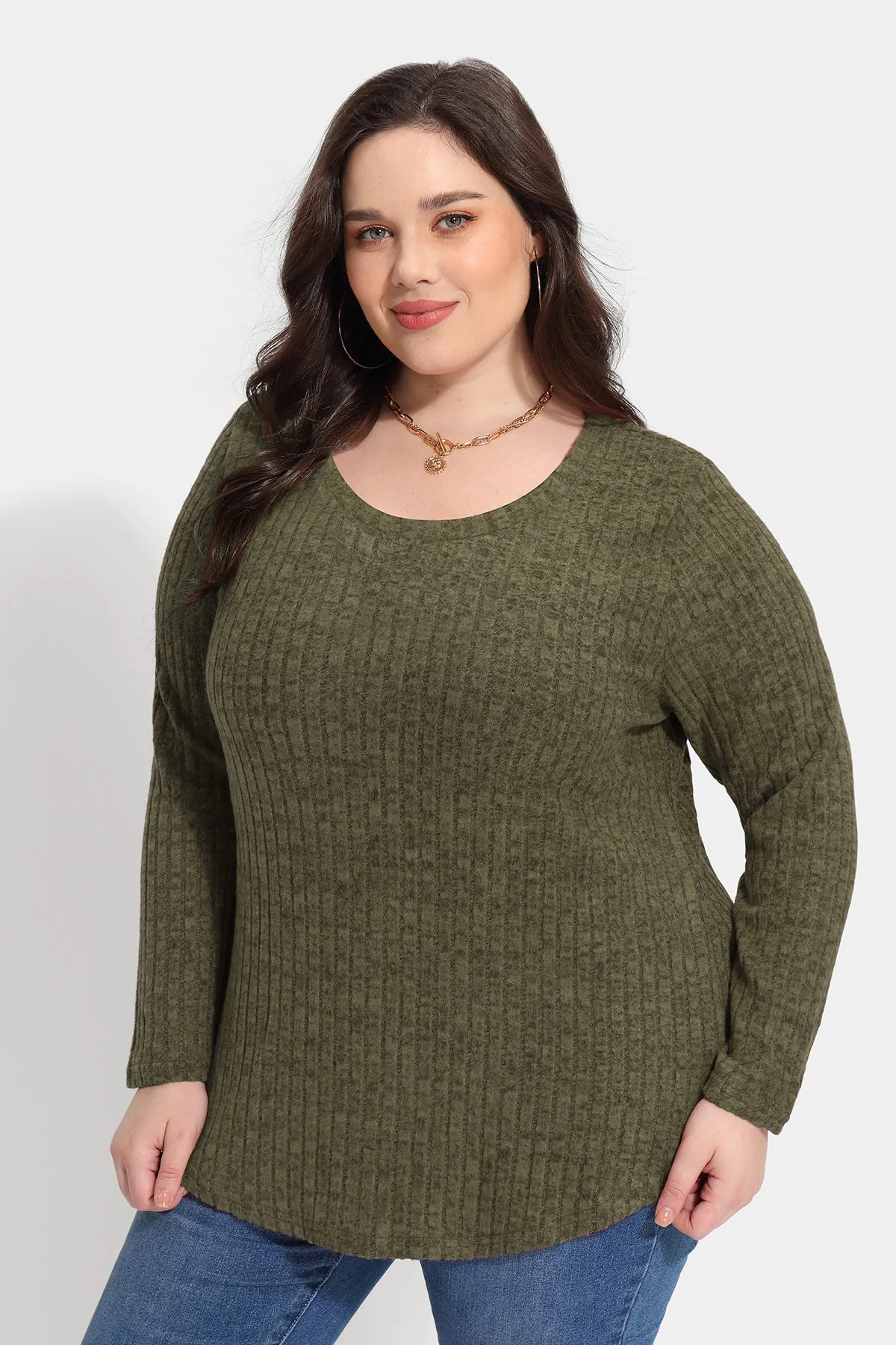 Solid Texture Crewneck Velvet Basic Top Sweater