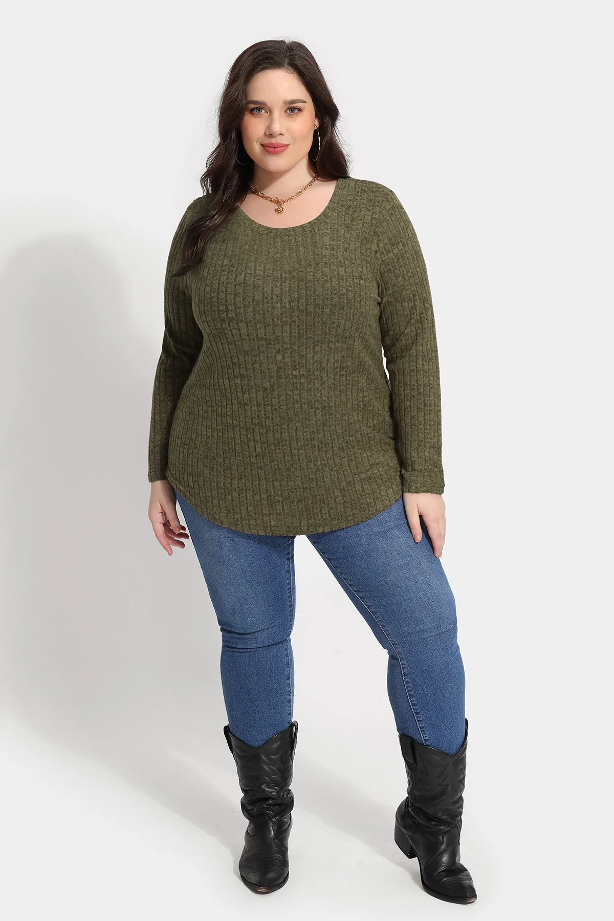 Solid Texture Crewneck Velvet Basic Top Sweater