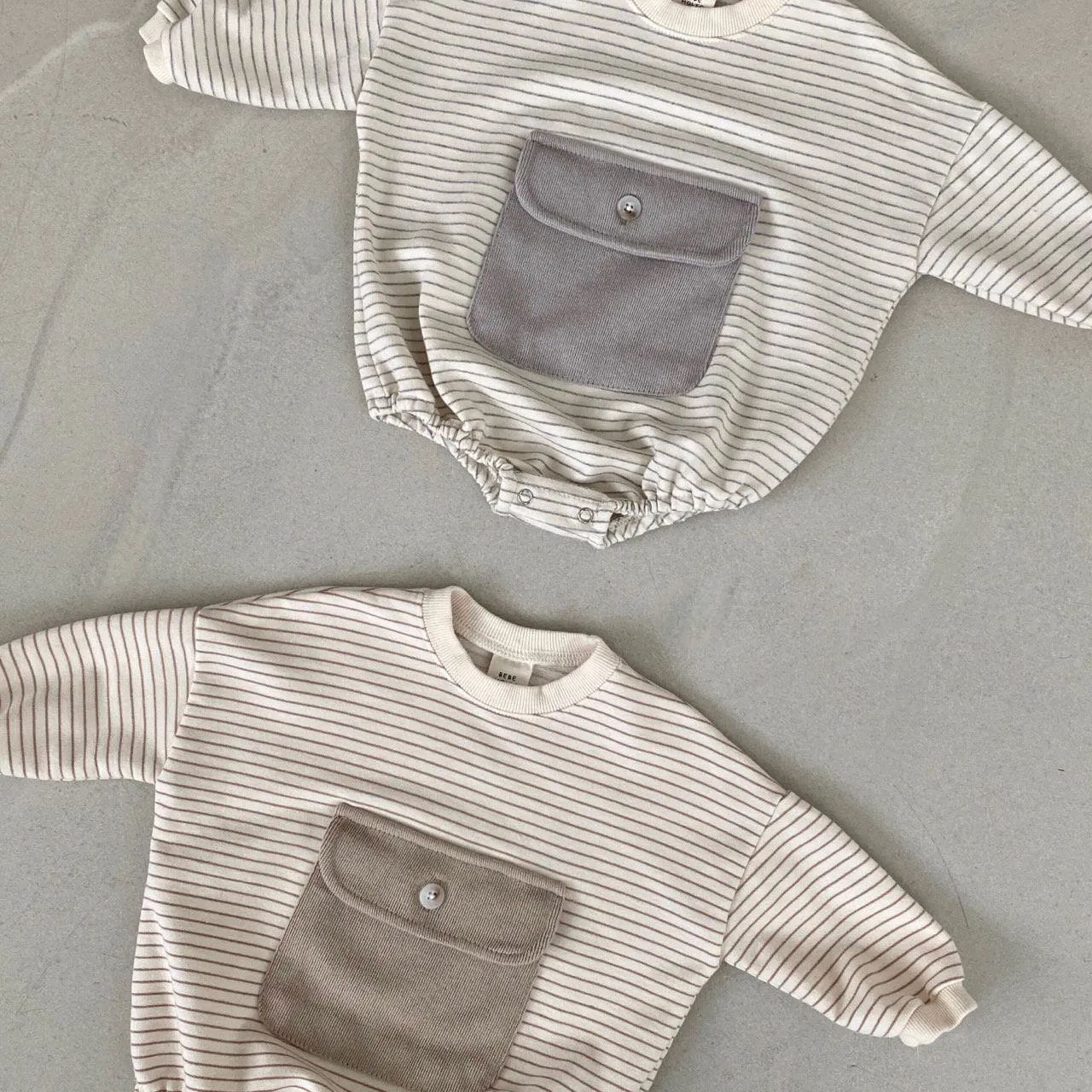 Striped Pocket Romper - Grey