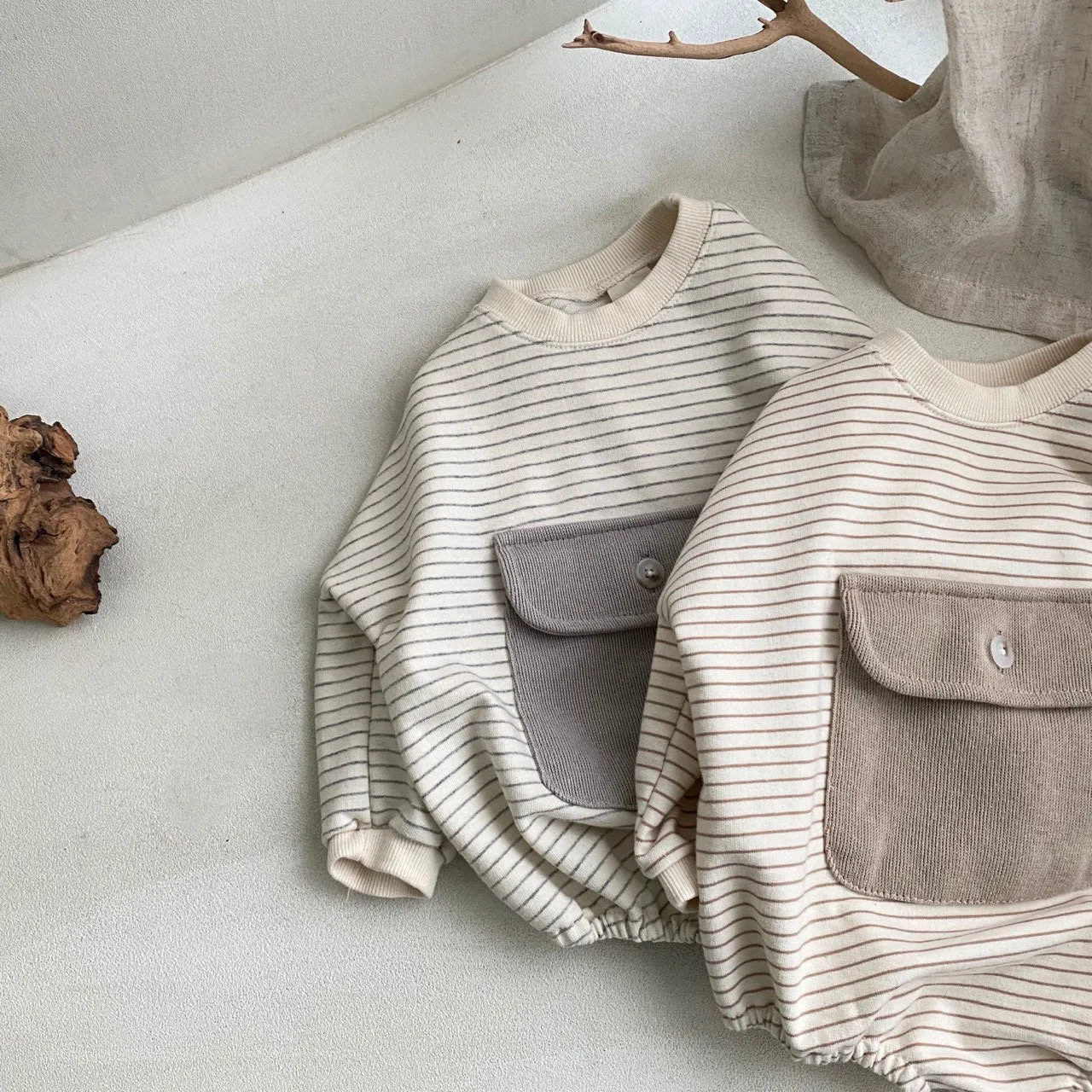 Striped Pocket Romper - Grey