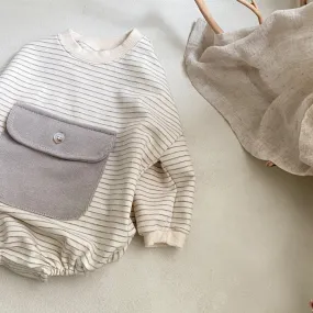 Striped Pocket Romper - Grey