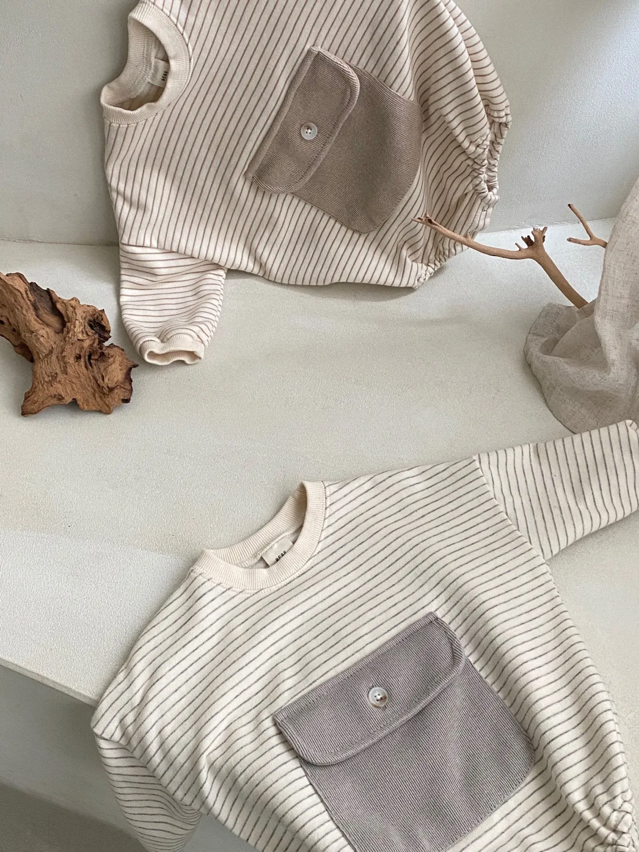 Striped Pocket Romper - Grey