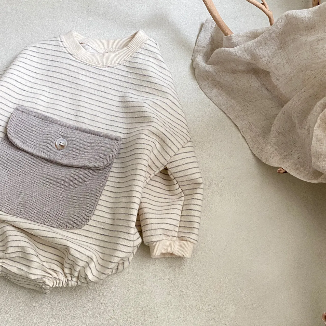 Striped Pocket Romper - Grey
