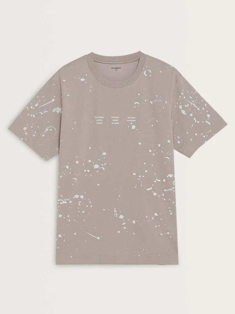 Studiofit Beige Splatter Print Relaxed-Fit T-Shirt