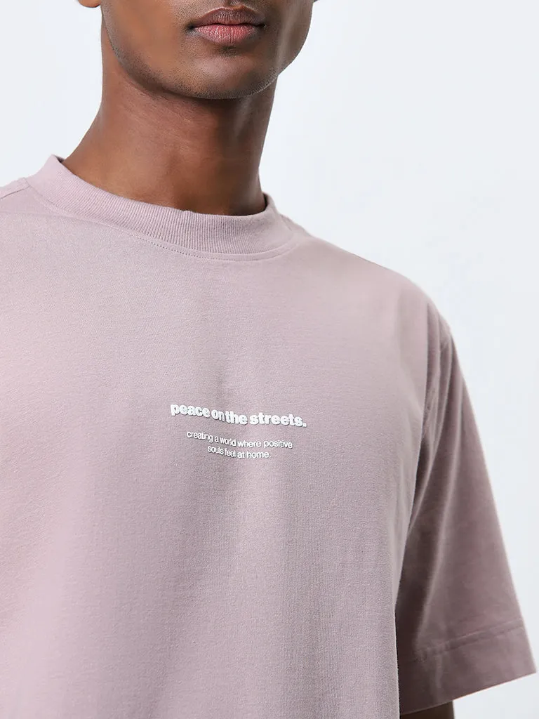 Studiofit Dusty Pink Printed Relaxed-Fit Cotton T-Shirt