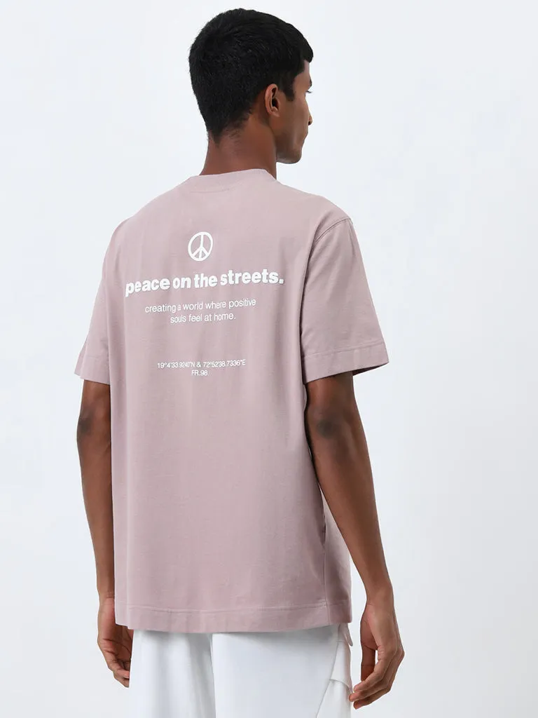 Studiofit Dusty Pink Printed Relaxed-Fit Cotton T-Shirt