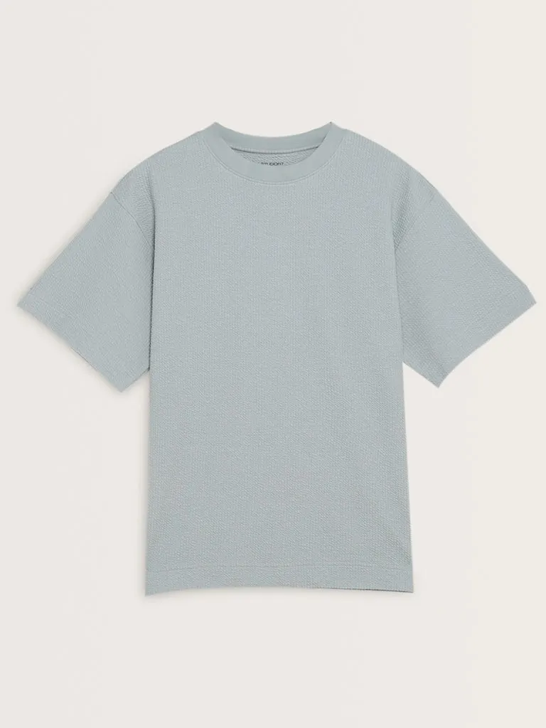Studiofit Light Blue Popcorn Textured Relaxed-Fit T-Shirt