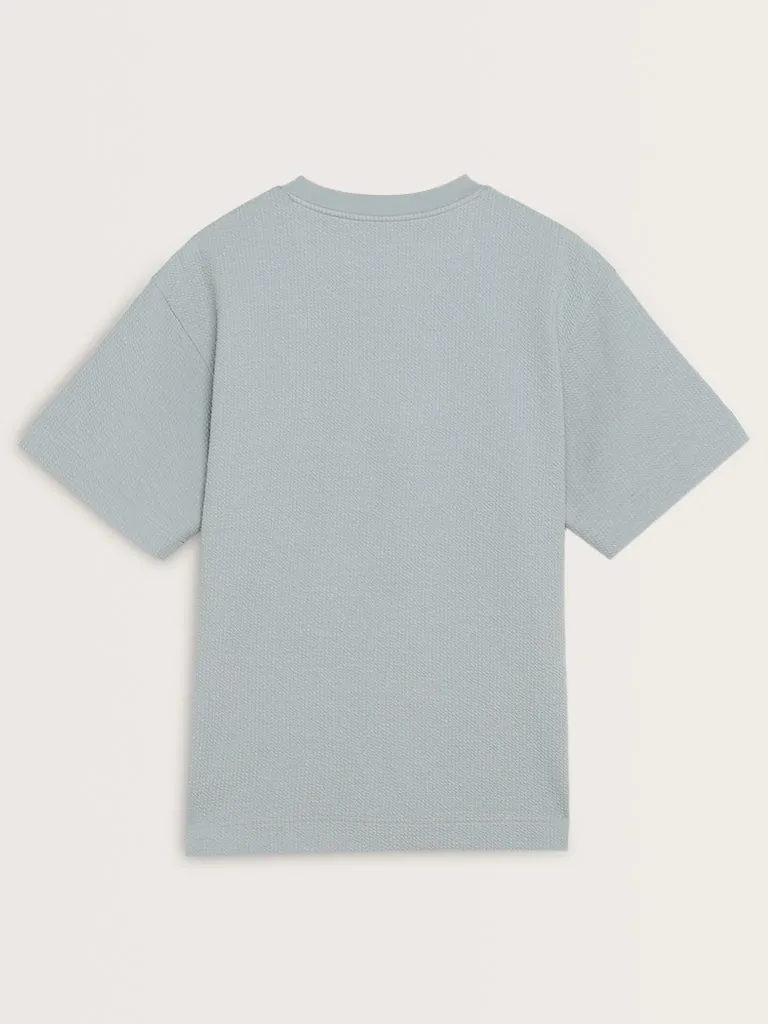 Studiofit Light Blue Popcorn Textured Relaxed-Fit T-Shirt