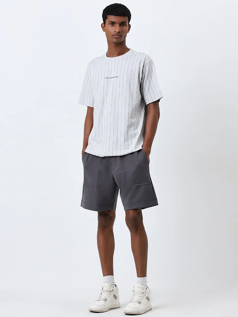 Studiofit Light Grey Striped Relaxed-Fit Cotton T-Shirt