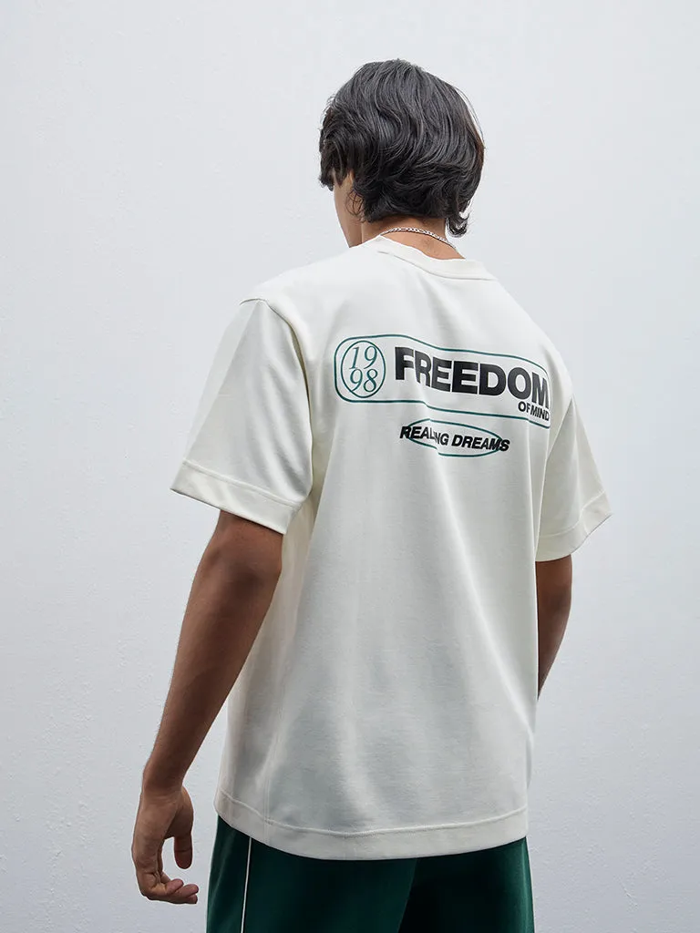 Studiofit Off-White Text Design Relaxed-Fit Cotton T-Shirt