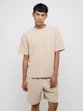 Studiofit Taupe Knit-Textured Relaxed-Fit T-Shirt