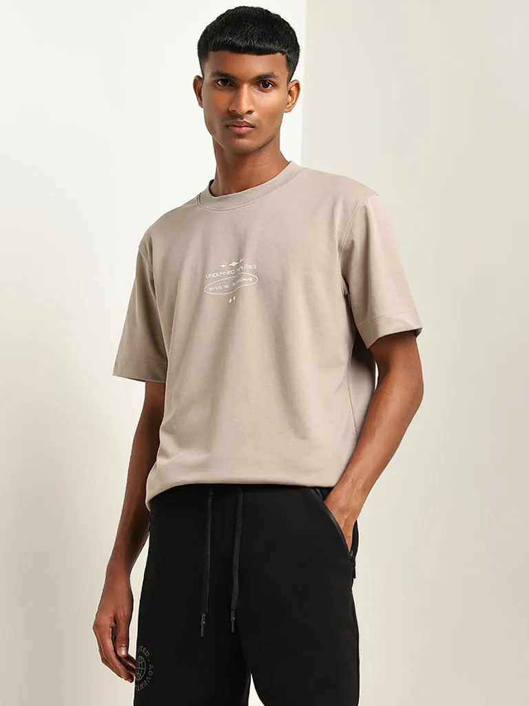 Studiofit Taupe Text Pattern T-Shirt