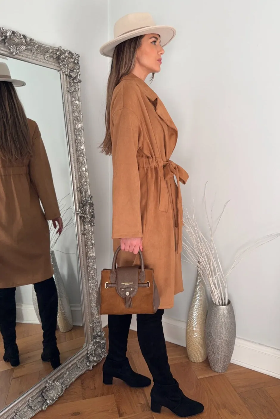 Suede Wrap Trench Coat in Camel