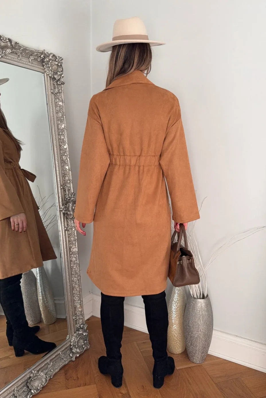 Suede Wrap Trench Coat in Camel