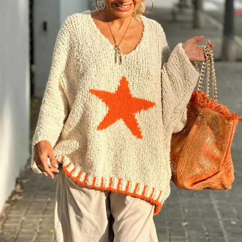 TAVIMART  -  Winter Elegant Patchwork Sweater Women Fashion Star Pattern Print Pullover Knitted Fall Sexy V-neck Long Sleeve Loose Jumper Top