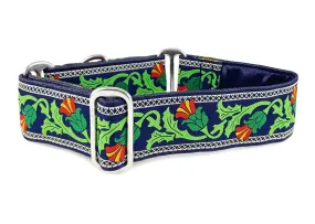 Thistle Jacquard in Navy - Martingale Dog Collar or Buckle Dog Collar - 1.5" Width