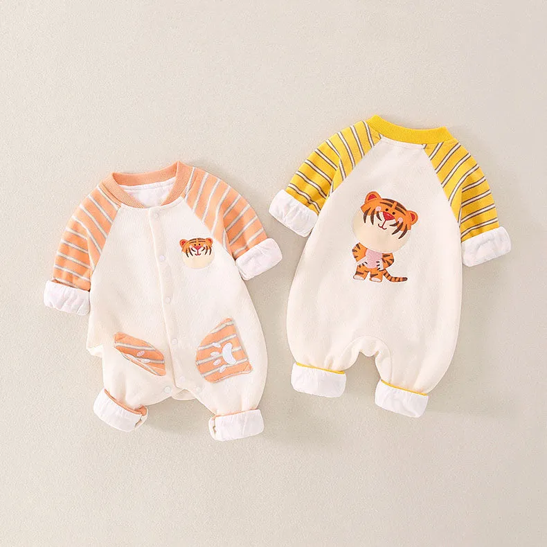 Tiny Tiger Striped Sleeve Baby Romper in Yellow and Orange