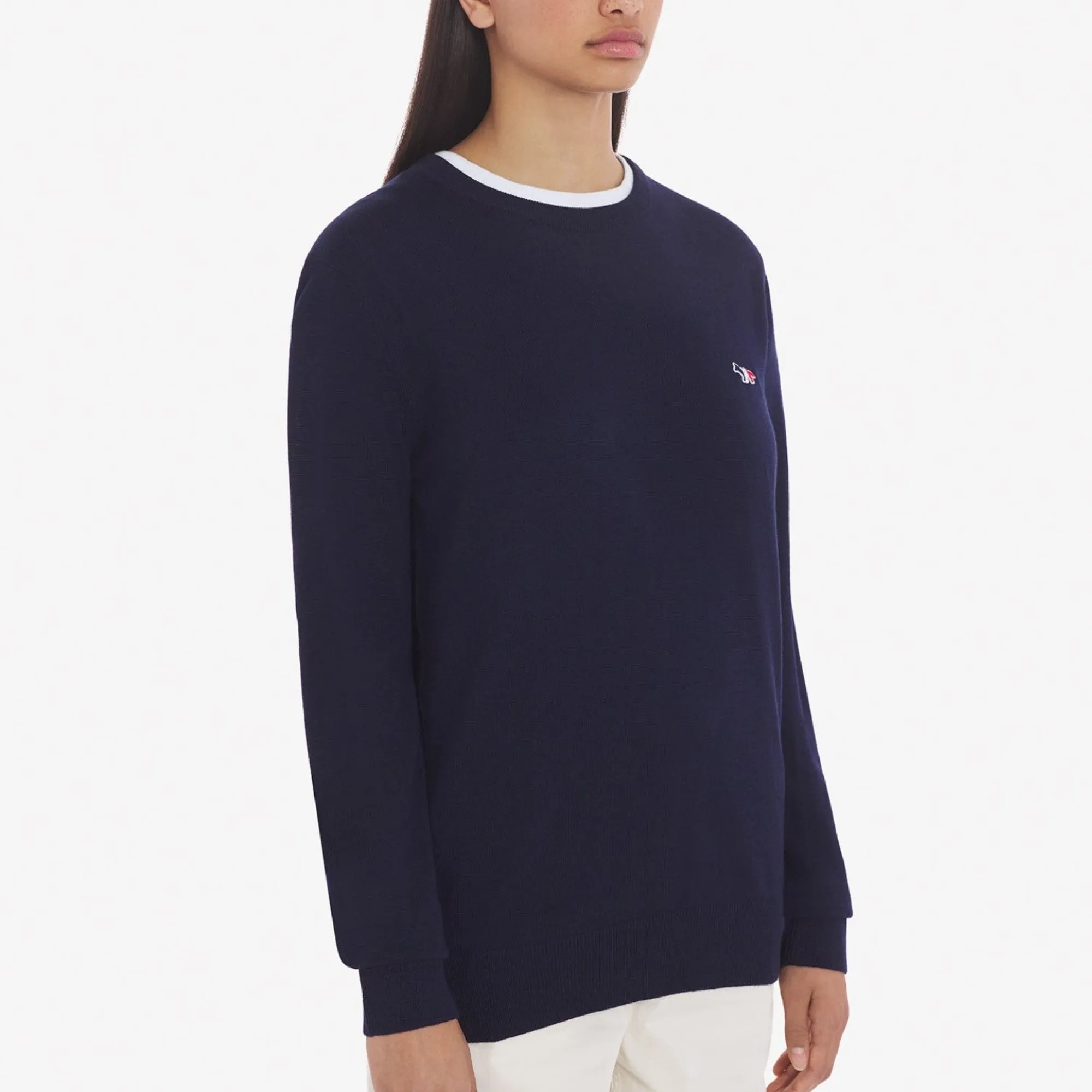 Unisex Tricolor Fox Patch Classic R-Neck Jumper - Navy