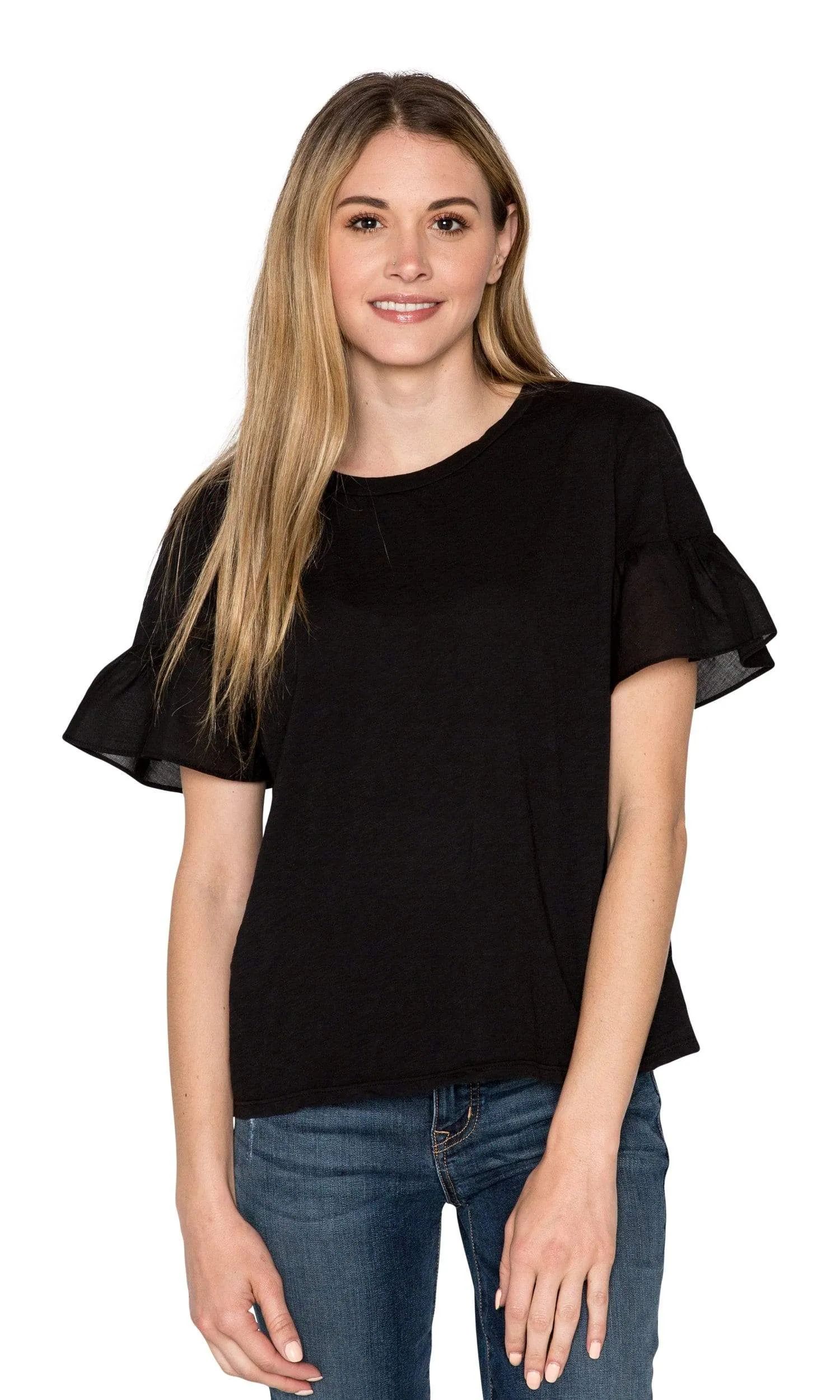 Velvet by Graham & Spencer Maureen Cotton Contrast Ruffle Sleeve Top