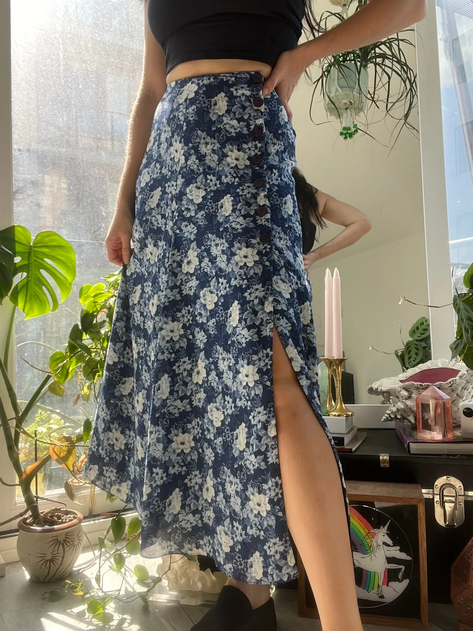 Vintage Express Blue Floral Midi Skirt