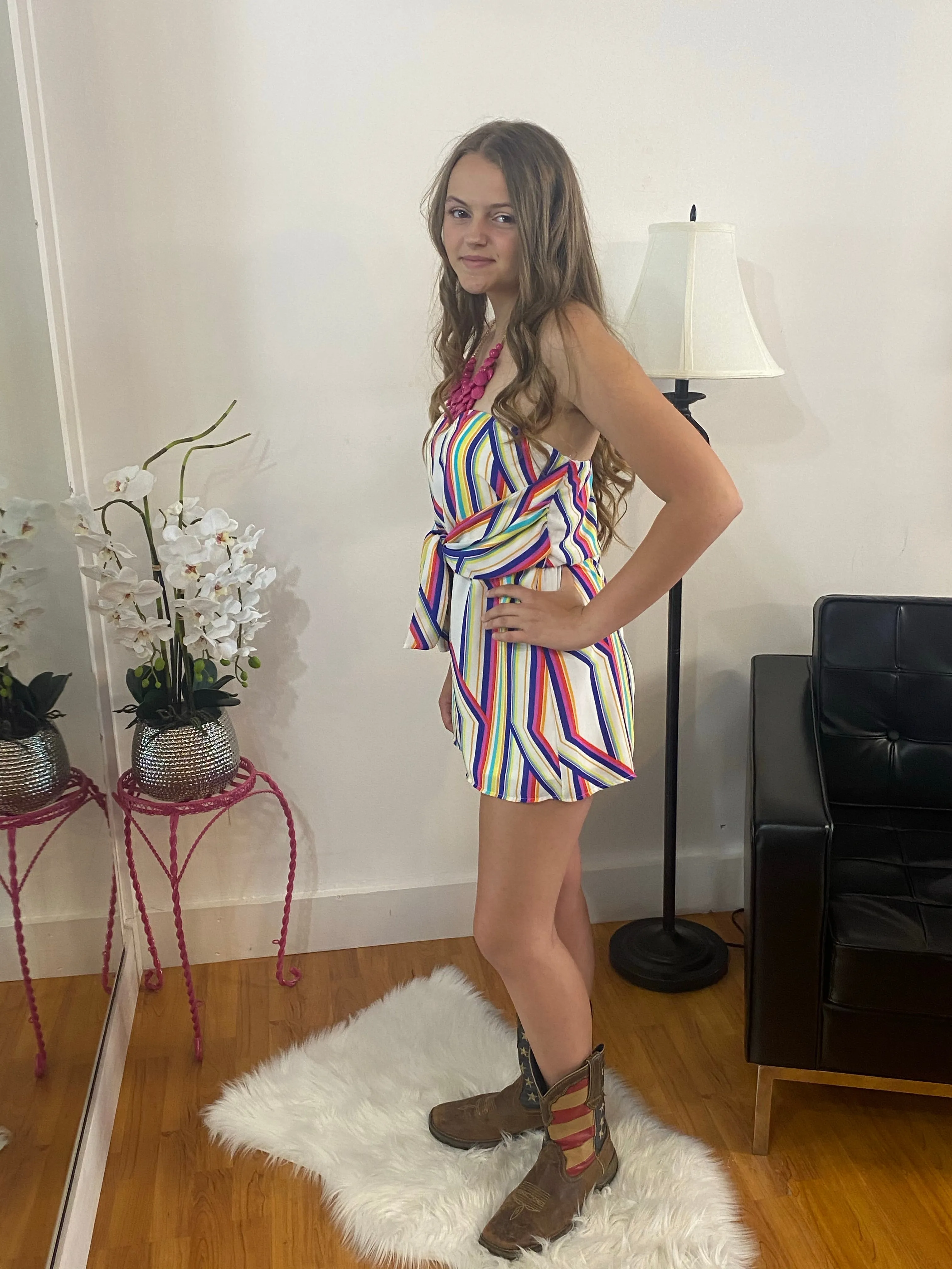 White Multi Striped Strapless Romper
