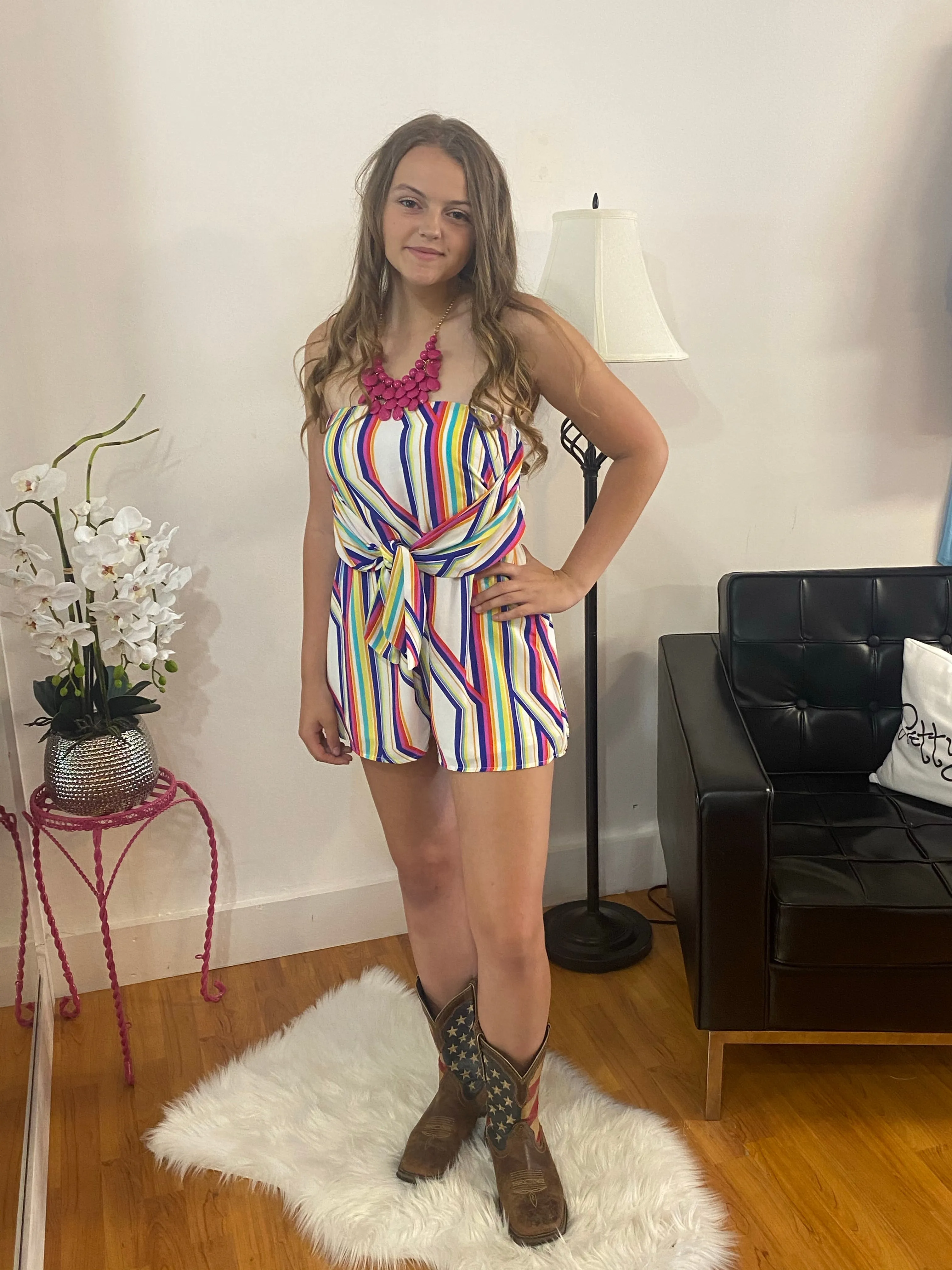 White Multi Striped Strapless Romper
