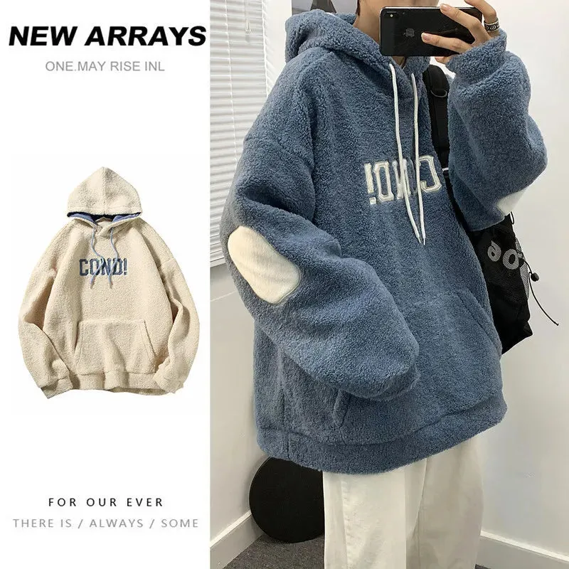 Wiaofellas  -  New Lamb Velvet Sweater Men's Hoodie Fall/winter Plus Velvet Thick Hooded Sweater Crewneck Sweatshirt