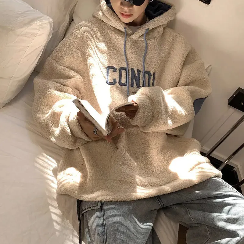 Wiaofellas  -  New Lamb Velvet Sweater Men's Hoodie Fall/winter Plus Velvet Thick Hooded Sweater Crewneck Sweatshirt