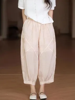 Women Vintage Embroidery Ramie Summer Harem Pants AA1002