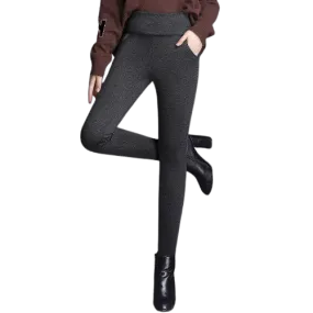 Women Winter Warm Velvet High Waist Elastic Stretch Straight Pants