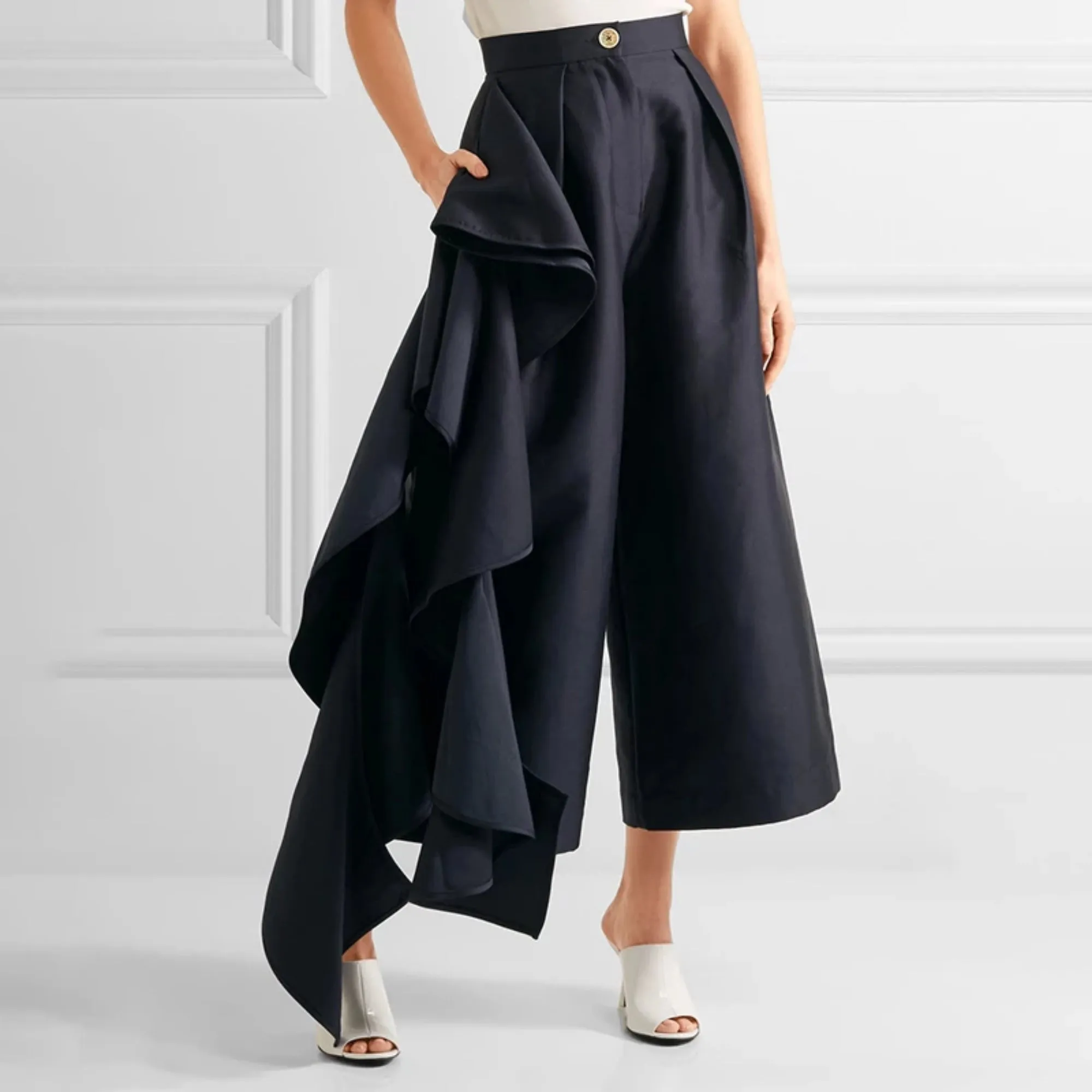 Women's Spring High-Waist Loose Pants With Ruffles