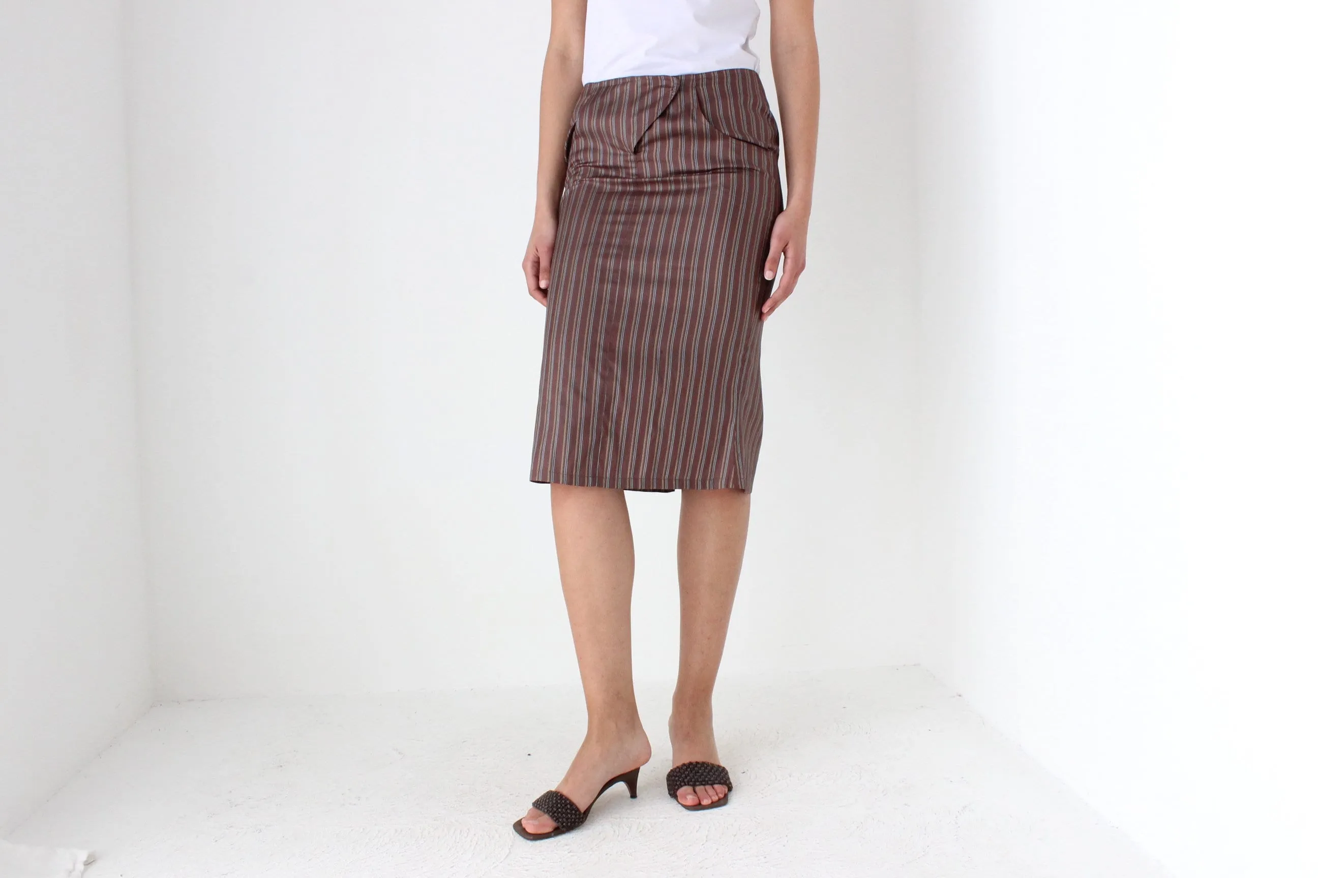 Y2K Striped Pure Silk Low Rise Knee Skirt by Blunauta
