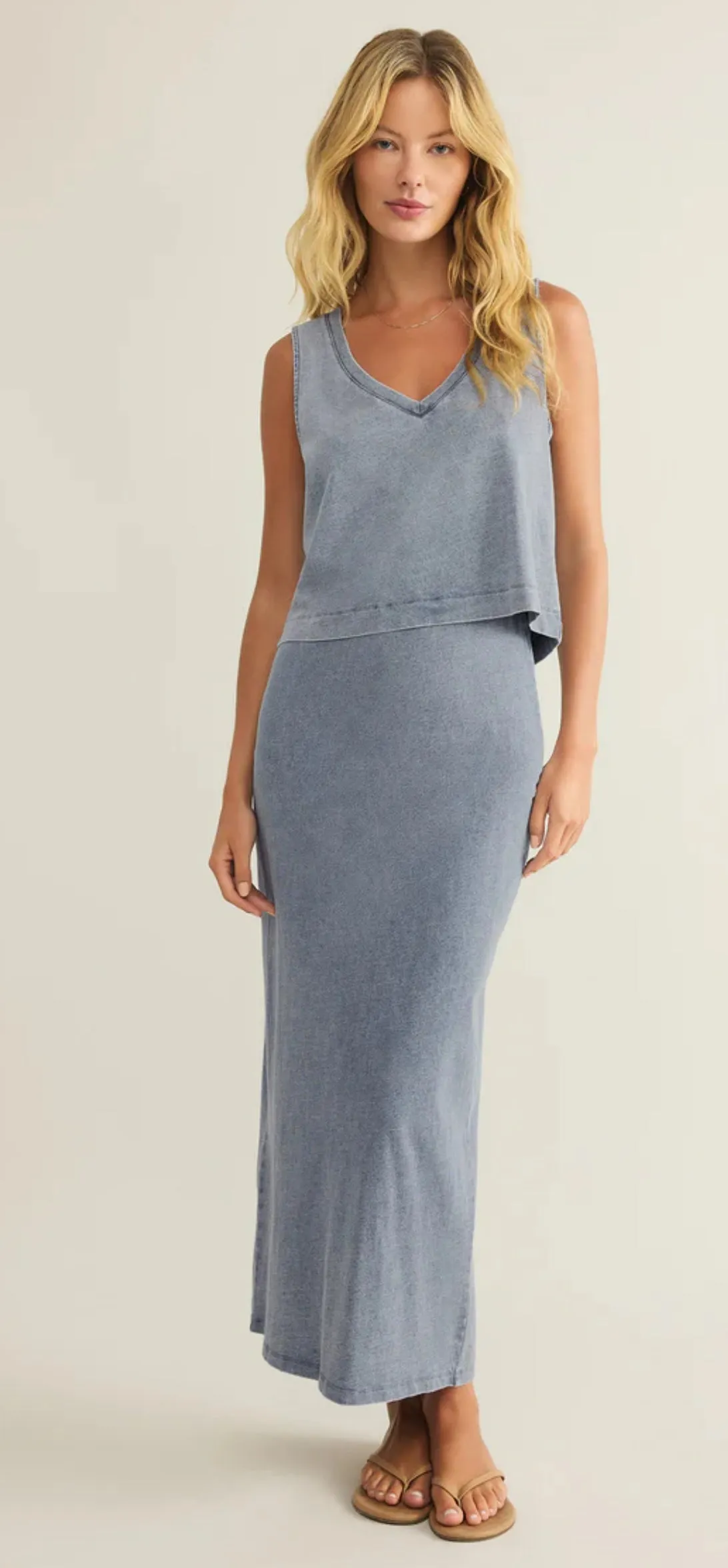 ZK251465 Gail Jersey Denim Midi Skirt- Medium Wash